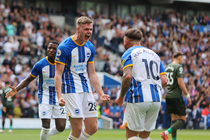 Players from Brighton & Hove Albion pictured celebrating a goal during a 3-1 win over Southampton in May 2023